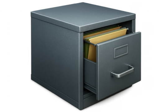 Grey metallic filing cabinet with open drawer and files on transparent background