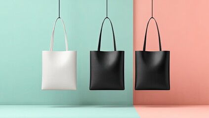 Three blank tote bags, white, black, and black, hang from strings against a teal and peach background