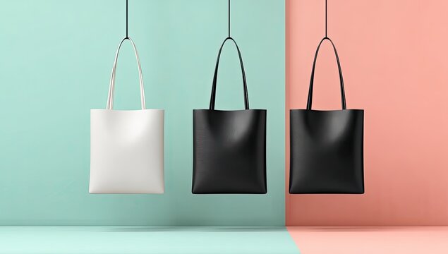 Three blank tote bags, white, black, and black, hang from strings against a teal and peach background
