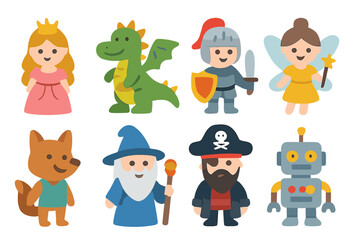 Obraz premium Storybook Characters Grid. Flat vector mini-illustrations story characters in colors children's illustrations: princess, dragon,