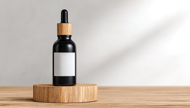 Elegant black serum bottle on wooden pedestal
