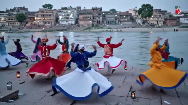 "By the Yamuna river, Vrindavan men and women spin in circles, colorful garments twirling under lantern light, creating a magical festive scene.