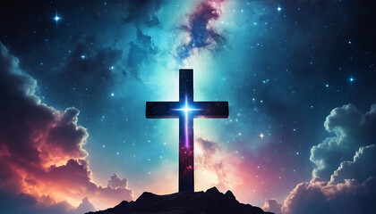 Fototapeta premium Bright Cross Silhouette in Cosmic Sky with Nebula and Stars