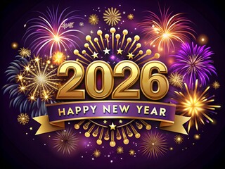 Happy new year 2026 with golden numbers and colorful fireworks background