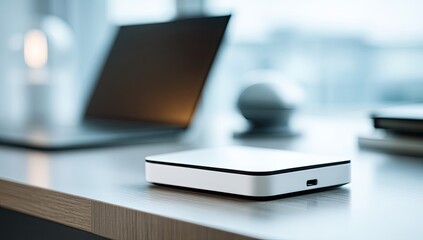 White external hard drive on a light-colored wooden desk, with a laptop in the background