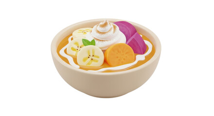 A bowl of dessert featuring banana slices, whipped cream, and other colorful fruit pieces on a white background.
