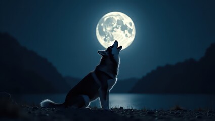 A husky dog howls at the full moon over a tranquil lake at night.