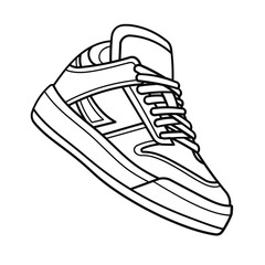 A black and white line drawing of a stylish high-top sneaker, angled slightly.