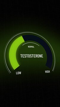 Animated digital testosterone level gauge presentation moving from unhealthy low to normal, graphic meter display of health and hormone status, from red to green, copy space
