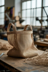 Handcrafted woven basket with handles resting on a rustic wooden workbench in a bright artisanal workshop with natural light