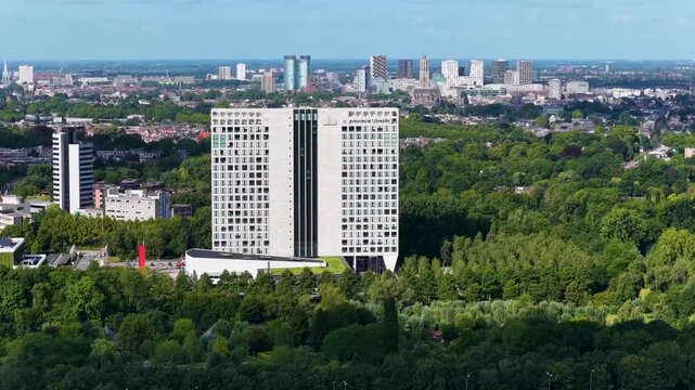 Utrecht, Utrecht / the Netherlands - August  27th 2025: The provincial building (Provinciehuis) of Utrecht from the air with the city  Utrecht in the background