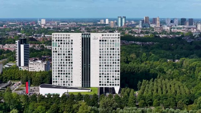 Utrecht, Utrecht / the Netherlands - August  27th 2025: The provincial building (Provinciehuis) of Utrecht from the air with the city  Utrecht in the background