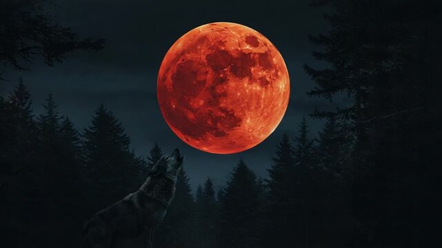 Wolf howling under a full red moon in forest