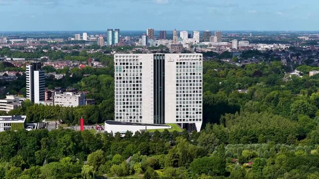 Utrecht, Utrecht / the Netherlands - August  27th 2025: The provincial building (Provinciehuis) of Utrecht from the air with the city  Utrecht in the background