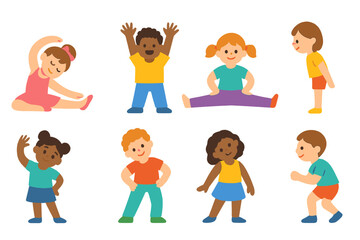 Fototapeta premium Children's Dance Stretches. Flat vector mini-illustrations fun dance stretches in colors children's illustrations: ballet stretch,