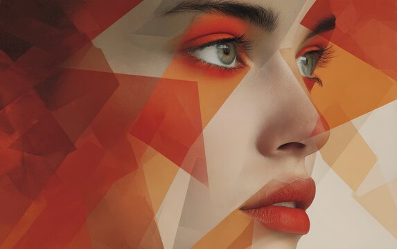 Modern cubist portrait featuring woman with bold red orange makeup and geometric fragmented design elements perfect for contemporary beauty campaigns and abstract editorial projects - Powered by Adobe