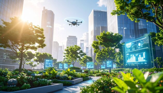 Verdant urban park with drone and digital interfaces