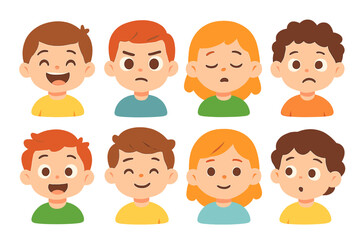 Fototapeta premium Children's Emotions Grid. Flat vector mini-illustrations textbook emotions in colors children's illustrations: happy face, focused