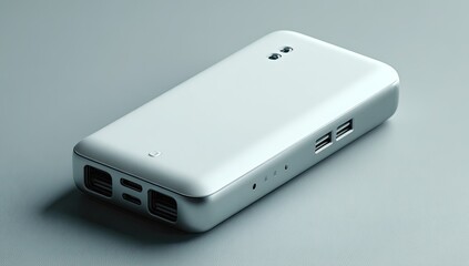 Sleek, light gray portable charger, angled view