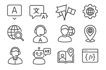 Multilingual Support Icons. Line style icons of multilingual support: language dropdown icon, translated message tag, multi-flag