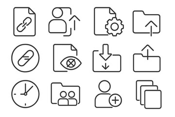 File Sharing Icons. Line style icons of file sharing: file share link icon, user with shared file, permission settings icon,