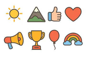 Children's Icon Grid. Flat vector mini-illustrations inspirational quotes in colors children's illustrations: sun, mountain peak,