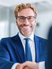 A smiling businessman in a blue suit shakes hands, exuding confidence and professionalism in a modern office setting.