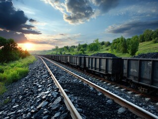 Fototapeta premium Coal train transporting cargo at sunset serene landscape nature photography industrial environment