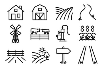 Rural Real Estate Icons. Line style icons of rural real estate: farmhouse icon, barn structure, crop field, gravel road, windmill