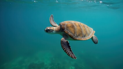 Fototapeta premium A sea turtle gracefully glides through the azure depths of the ocean.
