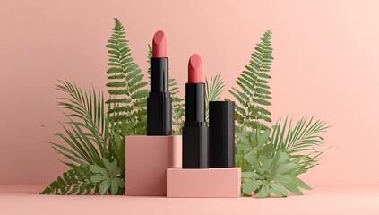 Two blush-toned lipsticks on pink stands, surrounded by lush greenery