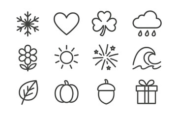 Seasonal Icon Symbols. Line style icons of seasons and months: January snowflake, February heart, March clover, April raincloud,