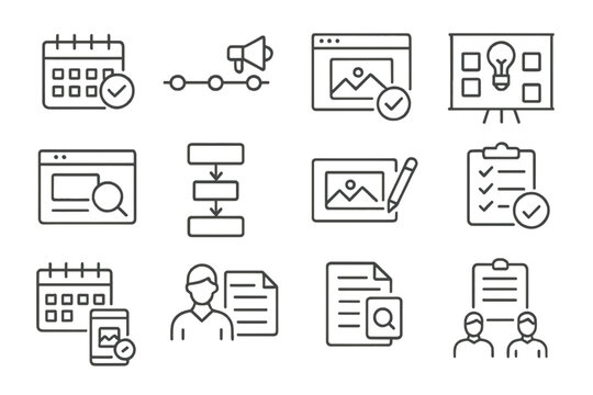 Content Planning Icons. Line style icons of content planning: content calendar, campaign timeline, post approval icon, idea board,
