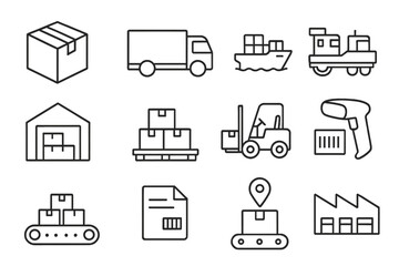 Delivery Process Icons. Line style icons of delivery logistics process: parcel box, delivery truck, cargo ship, freight train,