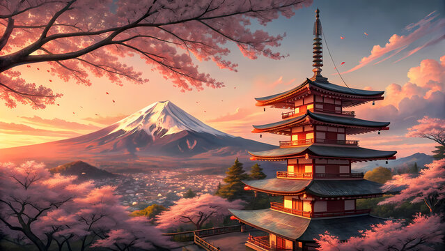 Fujiyoshida, Japan Beautiful view of mountain Fuji and Chureito pagoda at sunset, japan in the spring with cherry blossoms