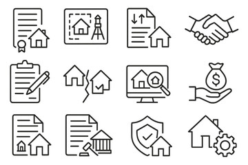 Real Estate Law Icons. Line style icons of real estate law: property deed icon, land survey icon, zoning regulation, lease