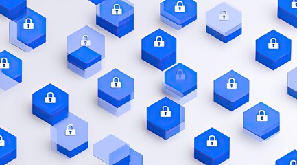 Abstract graphic of overlapping blue hexagons with white padlocks