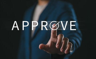 Businessman touching tick or check mark correct sign for quality standards control checklist, Business corporate approve verification project.