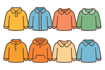 Children's Shirt Illustrations. Flat vector mini-illustrations long sleeve shirts with collars in colors children's illustrations: