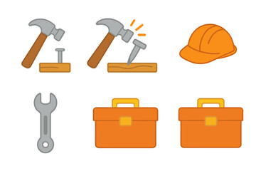 Children's Tool Icons. Flat vector mini-illustrations hammer hit in colors children's illustrations: hammer, nail, wood plank,