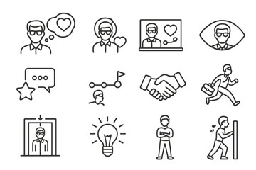 Founder Mindset Icons. Line style icons of founder mindset and storytelling: founder vision icon, personal story icon, mission and