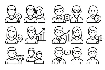 Startup Team Icons. Line style icons of startup team and roles: founder icon, co-founder icon, CTO icon, CFO icon, product manager