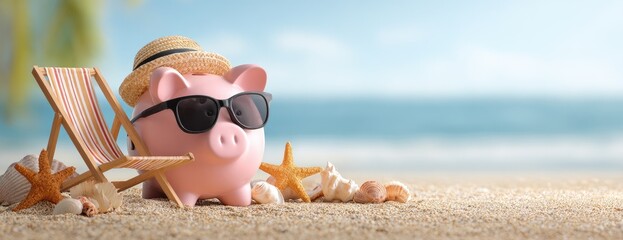 Piggy bank, sunglasses, beach hat, and starfish. Concept of vacation savings, leisure