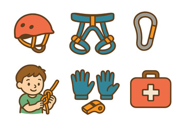 Climbing Safety Icons. Flat vector mini-illustrations climbing safety in colors children's illustrations: helmet, harness, rope,