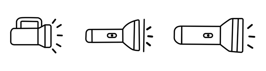 Collection of simple hand drawn flashlight vector icons set with doodle style black outline illustrations of portable torches shining light for camping emergency search tool design elements