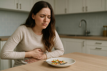 Woman holding her stomach, suffering from pain after eating. Concept of food poisoning, indigestion, digestive problems, health issues, and wellness at home kitchen.