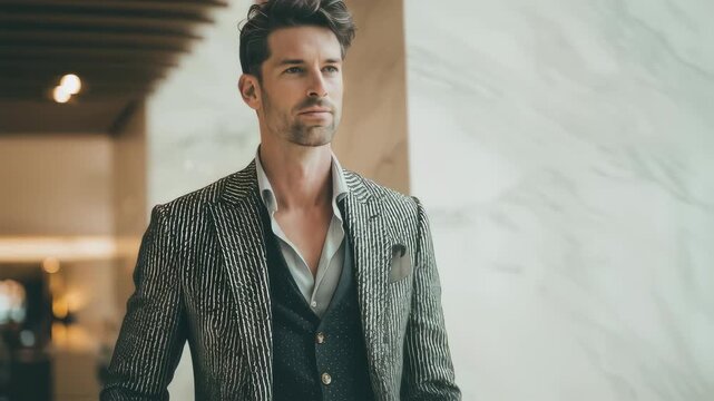 Stylish fancy man in tailored suit standing confidently in modern interior  
