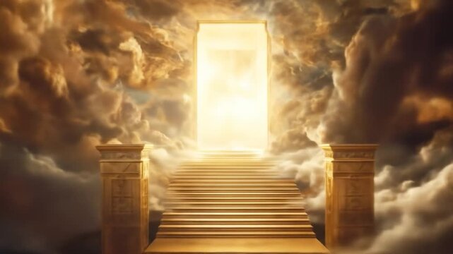 A majestic portal illuminated by golden light, surrounded by ethereal clouds and classical columns, suggesting a divine entrance to another realm, evoking a sense of wonder