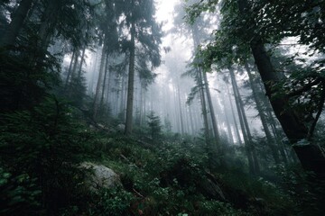 Fototapeta premium Misty forest, towering trees, and a verdant slope
