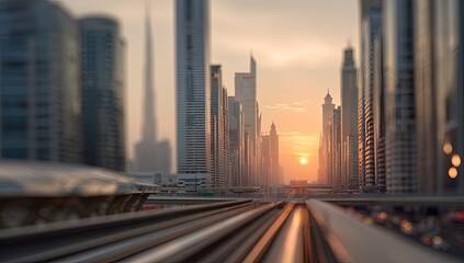 Obraz premium Urban sunset cityscape. Blurred modern city skyscrapers line a metro track at golden hour